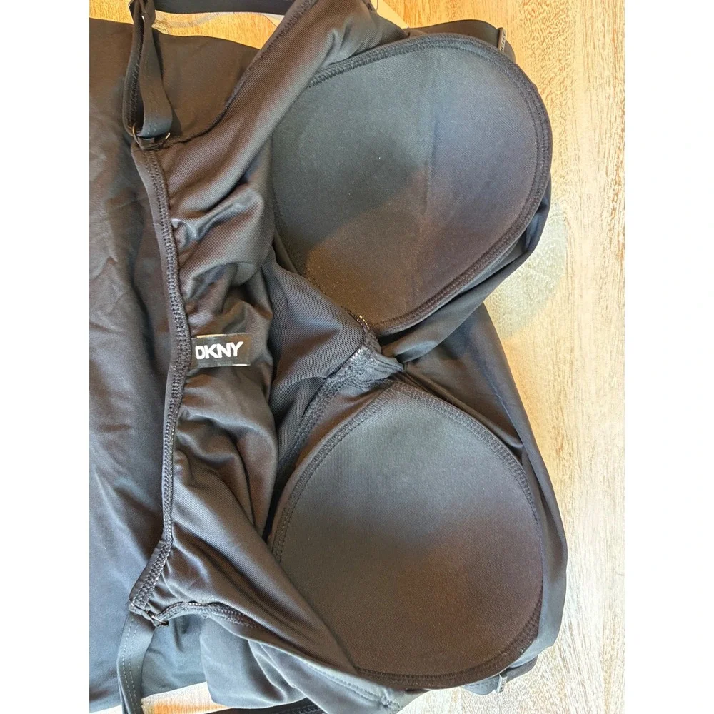 NWT DKNY One Piece Swimsuit Women Large Black Ruched Wrap Front Tummy Control - Picture 5 of 7